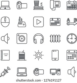 Thin Line Icon Set - airport building vector, mouse, notebook pc, calendar, sun, syringe, route, speaker, video camera, cell phone, headphones, laptop, radio, play button, mobile, copybook, clock