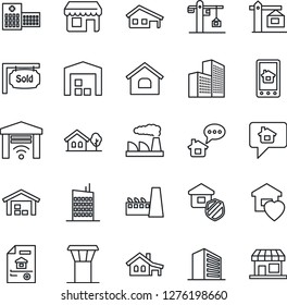 Thin Line Icon Set - airport tower vector, office building, factory, hospital, house, with garage, tree, warehouse, estate document, sold signboard, sweet home, city, crane, insurance, control app