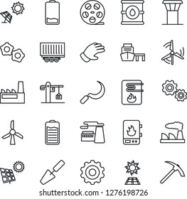 Thin Line Icon Set - airport tower vector, gear, factory, trowel, glove, sickle, truck trailer, sea port, oil barrel, reel, battery, low, sun panel, windmill, crane, water heater, hard work