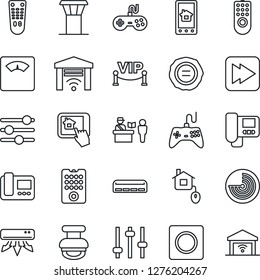 Thin Line Icon Set - airport tower vector, passport control, radar, stamp, scales, gamepad, remote, fast forward, tuning, record, air conditioner, vip zone, home, intercome, app, garage gate