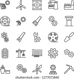 Thin Line Icon Set - airport tower vector, gear, factory, trowel, saw, truck trailer, sea port, oil barrel, reel, battery, root setup, sun panel, windmill, crane, hard work
