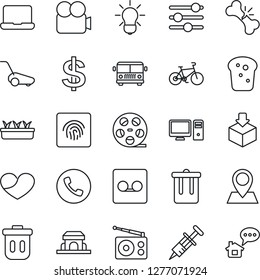 Thin Line Icon Set - airport bus vector, phone, trash bin, dollar sign, lawn mower, seedling, syringe, bike, broken bone, pin, package, reel, radio, video camera, heart, tuning, record, notebook pc