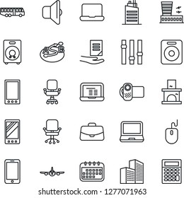 Thin Line Icon Set - airport bus vector, plane, building, mobile phone, office chair, case, mouse, notebook pc, document, fireplace, route, settings, video camera, laptop, speaker, city house, sound