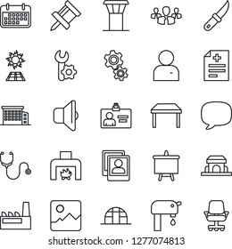 Thin Line Icon Set - airport tower vector, identity card, presentation board, garden knife, greenhouse, diagnosis, stethoscope, term, message, gallery, user, photo, root setup, drawing pin, table