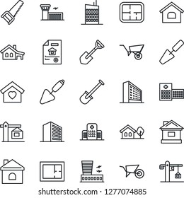 Thin Line Icon Set - airport building vector, office, trowel, shovel, wheelbarrow, saw, house, hospital, with garage, tree, plan, estate document, sweet home, city, crane