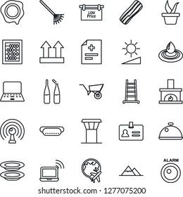 Thin Line Icon Set - airport tower vector, wireless notebook, identity, plane globe, abacus, pc, stamp, rake, ladder, seedling, wheelbarrow, diagnosis, ampoule, up side sign, antenna, brightness