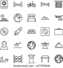 Thin Line Icon Set - airport tower vector, runway, taxi, departure, reception bell, passport, bed, helicopter, flight table, luggage storage, case, bike, navigation, earth, pin, sea shipping, rocket