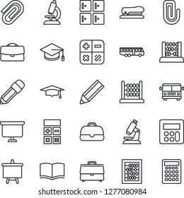 Thin Line Icon Set - airport bus vector, checkroom, book, calculator, graduate, abacus, presentation board, microscope, case, paper clip, pencil, stapler
