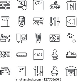 Thin Line Icon Set - airport tower vector, baggage conveyor, passport control, security gate, stamp, scales, gamepad, settings, remote, rewind, tuning, record, air conditioner, vip zone, home, app