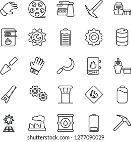 Thin Line Icon Set - airport tower vector, gear, factory, trowel, glove, saw, sickle, sea port, flammable, oil barrel, reel, battery, low, root setup, water heater, sun panel, hard work