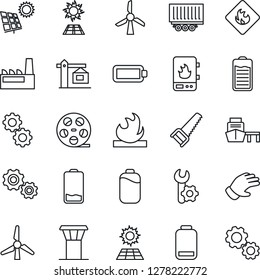 Thin Line Icon Set - airport tower vector, glove, saw, truck trailer, sea port, flammable, reel, battery, low, root setup, sun panel, windmill, crane, factory, water heater, gear