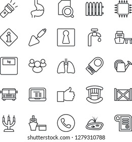 Thin Line Icon Set - airport bus vector, phone, female, notebook pc, trowel, fence, watering can, scales, stomach, lungs, sea port, container, group, finger up, torch, document search, pond, candle