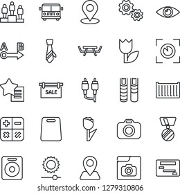 Thin Line Icon Set - airport bus vector, pedestal, calculator, medal, picnic table, eye, navigation, cargo container, tulip, route, camera, speaker, favorites list, rca, brightness, place tag, tie
