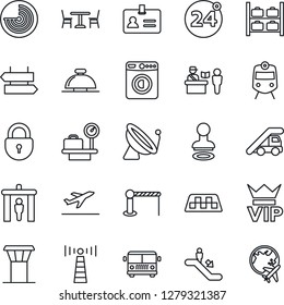 Thin Line Icon Set - airport tower vector, antenna, satellite, taxi, departure, bus, barrier, cafe, 24 around, passport control, security gate, train, escalator, signpost, vip, reception bell, stamp