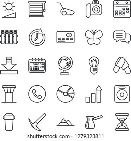 Thin Line Icon Set - airport tower vector, phone, credit card, globe, growth statistic, bulb, lawn mower, butterfly, pills, camera, dialog, speaker, calendar, download, brightness, pie graph, clock