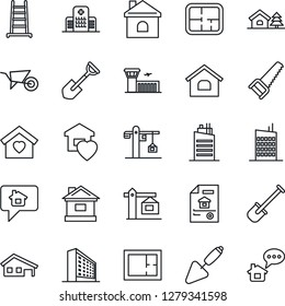 Thin Line Icon Set - airport building vector, office, trowel, shovel, ladder, wheelbarrow, saw, house, hospital, with garage, tree, plan, estate document, sweet home, city, crane, message