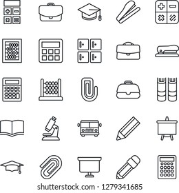 Thin Line Icon Set - airport bus vector, checkroom, book, calculator, graduate, abacus, presentation board, microscope, case, paper clip, pencil, stapler
