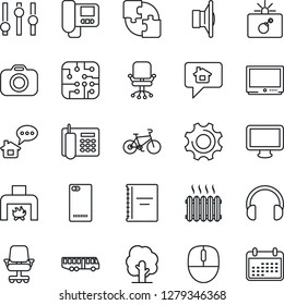 Thin Line Icon Set - airport bus vector, bomb in case, office chair, mouse, tree, bike, camera, speaker, settings, tv, headphones, monitor, phone back, application, copybook, fireplace, heater, chip