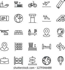 Thin Line Icon Set - airport tower vector, taxi, suitcase, departure, arrival, ticket, globe, ladder car, helicopter, seat map, luggage storage, building, case, bike, route, earth, pin, sea shipping