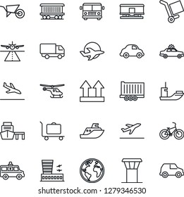 Thin Line Icon Set - airport tower vector, runway, departure, arrival, baggage trolley, bus, alarm car, helicopter, building, wheelbarrow, ambulance, bike, earth, railroad, plane, sea shipping, port