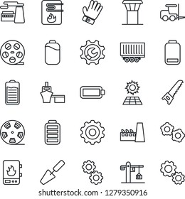 Thin Line Icon Set - airport tower vector, fork loader, gear, factory, trowel, glove, saw, truck trailer, sea port, reel, battery, low, root setup, sun panel, crane, water heater