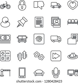 Thin Line Icon Set - airport bus vector, barrier, waiting area, gear, calculator, heart, bike, cash, support, car delivery, microphone, finger down, paper pin, fast forward, mobile, data exchange