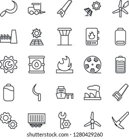 Thin Line Icon Set - airport tower vector, fork loader, factory, saw, sickle, truck trailer, sea port, flammable, oil barrel, reel, battery, low, root setup, sun panel, windmill, water heater, gear