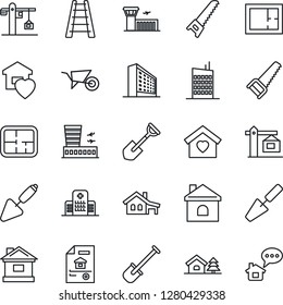 Thin Line Icon Set - airport building vector, office, trowel, shovel, ladder, wheelbarrow, saw, house, hospital, with garage, tree, plan, estate document, sweet home, city, crane, message