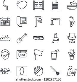 Thin Line Icon Set - airport bus vector, barrier, male, luggage storage, flower in pot, shovel, rake, sickle, term, tulip, shield, heart, themes, office chair, sale, city house, phyto bar, salad