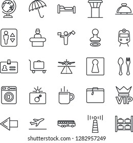 Thin Line Icon Set - airport tower vector, dispatcher, runway, antenna, departure, suitcase, baggage trolley, bus, hot cup, spoon and fork, train, umbrella, elevator, female, vip, bomb in case, bed