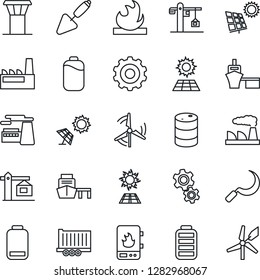 Thin Line Icon Set - airport tower vector, gear, factory, trowel, sickle, truck trailer, sea port, flammable, oil barrel, battery, low, sun panel, windmill, crane, water heater