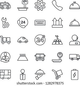 Thin Line Icon Set - airport bus vector, 24 around, ambulance car, hours, client, delivery, consolidated cargo, up side sign, heavy scales, call, root setup, support, waiter, dish, reserved, battery