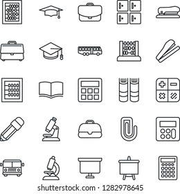 Thin Line Icon Set - airport bus vector, checkroom, book, calculator, graduate, abacus, presentation board, microscope, case, paper clip, pencil, stapler