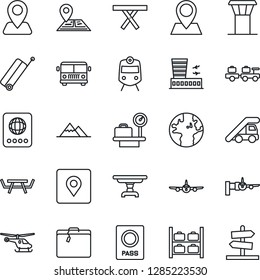 Thin Line Icon Set - airport tower vector, suitcase, bus, train, passport, baggage larry, ladder car, plane, boarding, helicopter, luggage storage, scales, building, picnic table, navigation, earth