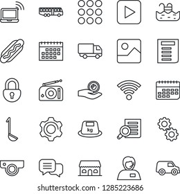 Thin Line Icon Set - airport bus vector, wireless notebook, document search, support, car delivery, term, heavy, radio, dialog, play button, menu, gallery, settings, lock, calendar, pool, hot dog