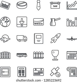 Thin Line Icon Set - airport bus vector, plane, tie, pills, satellite, car delivery, fragile, barcode, equalizer, scanner, download, calendar, copybook, contract, fence, sold signboard, credit card