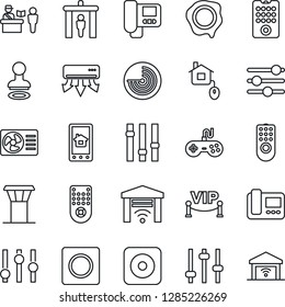 Thin Line Icon Set - airport tower vector, passport control, security gate, stamp, radar, gamepad, settings, remote, rec button, tuning, record, vip zone, home, air conditioner, intercome, app