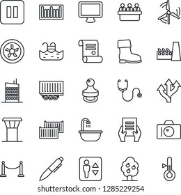 Thin Line Icon Set - airport tower vector, fence, elevator, camera, pen, document, meeting, contract, boot, stethoscope, route, truck trailer, cargo container, barcode, monitor, pause button, stamp