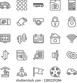 Thin Line Icon Set - airport bus vector, ticket, calculator, document search, glove, house, well, monitor pulse, ambulance car, heavy, reel, news, speaker, chain, menu, data exchange, wireless, lock