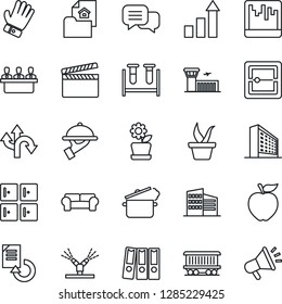 Thin Line Icon Set - airport building vector, checkroom, office, growth statistic, document reload, seedling, glove, blood test vial, route, railroad, clapboard, dialog, scanner, paper binder
