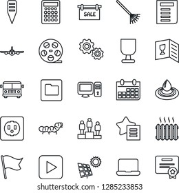 Thin Line Icon Set - airport bus vector, plane, pedestal, document, calendar, rake, plant label, caterpillar, fragile, reel, favorites list, play button, folder, notebook pc, sun panel, sale, heater