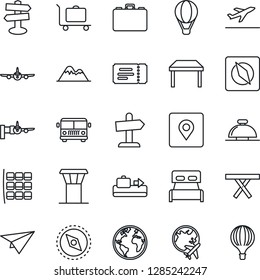 Thin Line Icon Set - airport tower vector, departure, baggage conveyor, trolley, bus, ticket, reception bell, plane, boarding, seat map, globe, case, picnic table, signpost, earth, place tag, paper