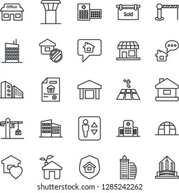 Thin Line Icon Set - airport tower vector, barrier, elevator, greenhouse, hospital, store, warehouse, house, estate document, sold signboard, office building, sweet home, city, crane, insurance, eco