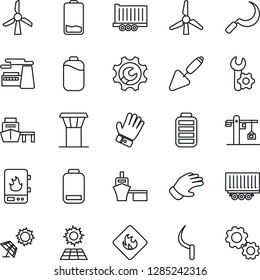 Thin Line Icon Set - airport tower vector, factory, trowel, glove, sickle, truck trailer, sea port, flammable, battery, low, root setup, sun panel, windmill, crane, water heater, gear