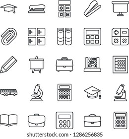 Thin Line Icon Set - airport bus vector, checkroom, book, calculator, graduate, abacus, presentation board, microscope, case, paper clip, pencil, stapler