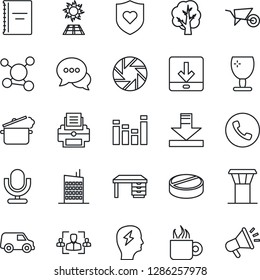 Thin Line Icon Set - airport tower vector, phone, desk, brainstorm, tree, wheelbarrow, pills, heart shield, molecule, fragile, equalizer, microphone, dialog, mobile camera, download, copybook, hr