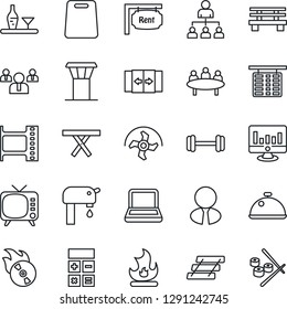 Thin Line Icon Set - airport tower vector, automatic door, flight table, hierarchy, calculator, team, meeting, statistic monitor, ripper, fire, bench, picnic, barbell, film frame, flame disk, tv