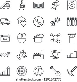 Thin Line Icon Set - airport tower vector, phone, ladder car, growth statistic, mouse, job, stamp, caterpillar, run, heart hand, molecule, barcode, speaker, themes, bar graph, sold signboard, clock