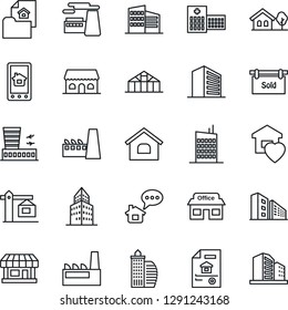 Thin Line Icon Set - airport building vector, office, factory, greenhouse, hospital, store, house, with tree, estate document, sold signboard, sweet home, city, crane, cafe, control app, message