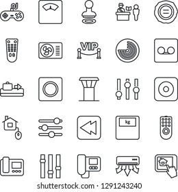 Thin Line Icon Set - airport tower vector, baggage conveyor, passport control, stamp, radar, scales, gamepad, settings, remote, rewind, rec button, tuning, record, air conditioner, vip zone, home